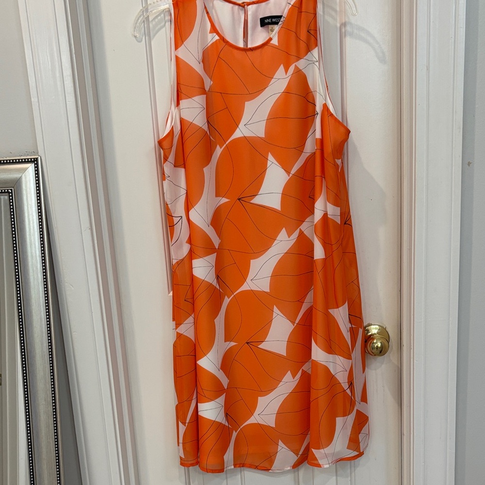 Nine West Vibrant Orange and White Leaf Midi Dress